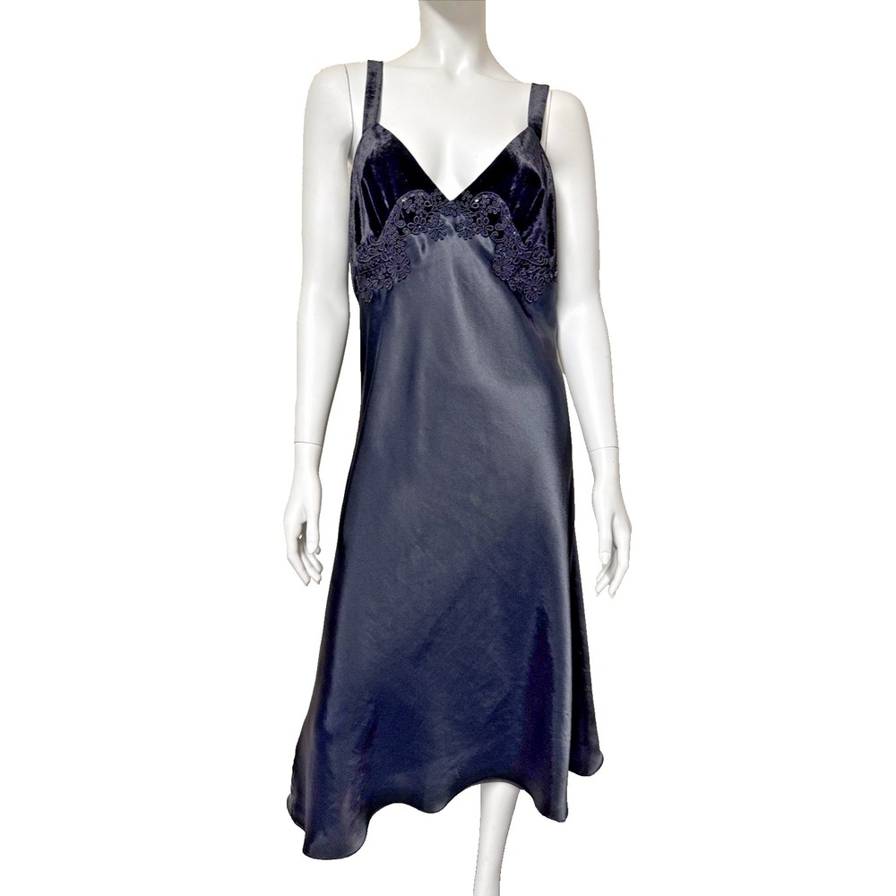 Vtg Van Raalte Black Silky Slip Dress Lace Velour Trim Lingerie Gown SZ Large